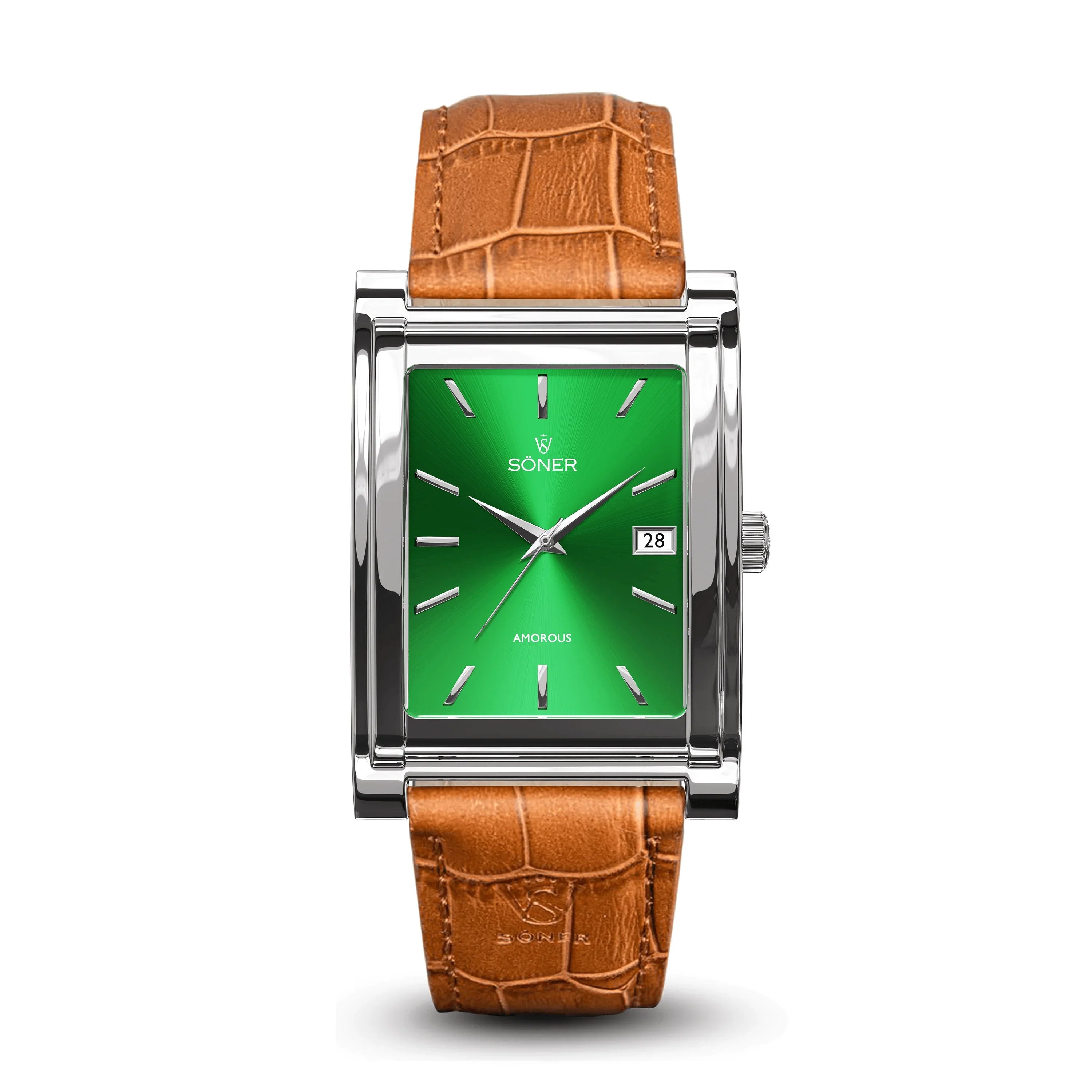 The Amorous Tokyo watch showcases a sleek rectangular design with a silver case, complemented by a vibrant green dial and a brown leather strap. The dial features elegant hour markers, a date window positioned at 3 o'clock, and the brand logo situated below the 12 o'clock mark.