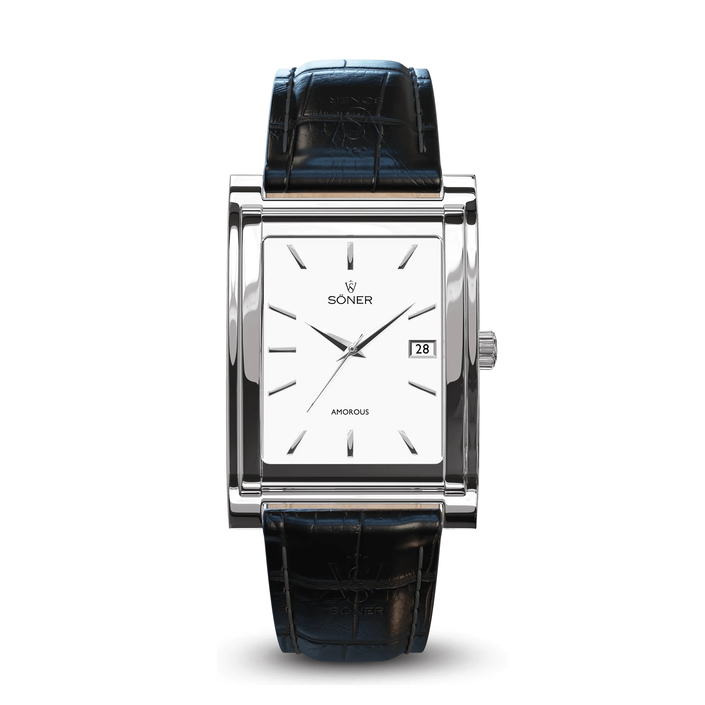 Rectangular polished stainless steel automatic watch with a minimalist white dial, steel indices, date window at 3 o'clock, and a black leather strap.