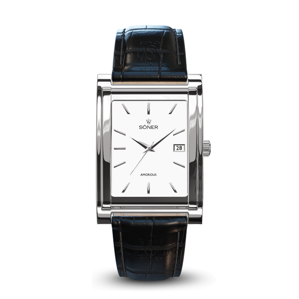 Square automatic watch, Amorous Vienna with white dial - black alligator pattern leather strap front view