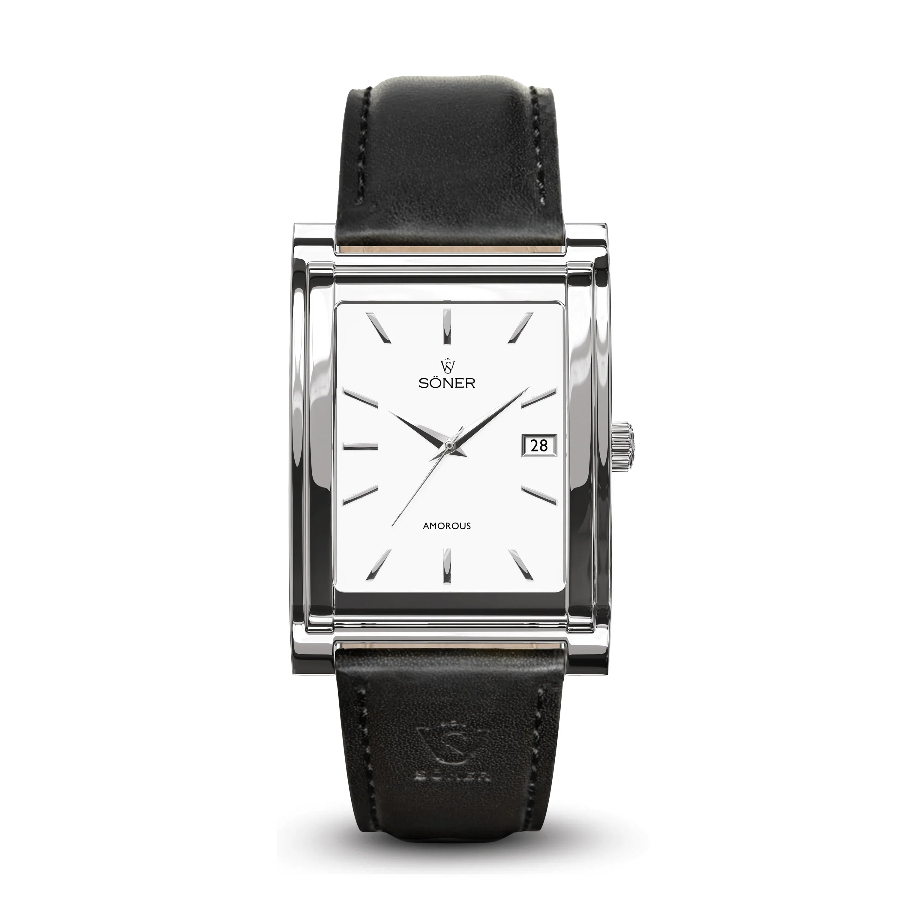 Amorous Vienna Automatic rectangular watch with a polished stainless steel case, minimalist white dial, date window at 3 o'clock, and a smooth black leather strap.