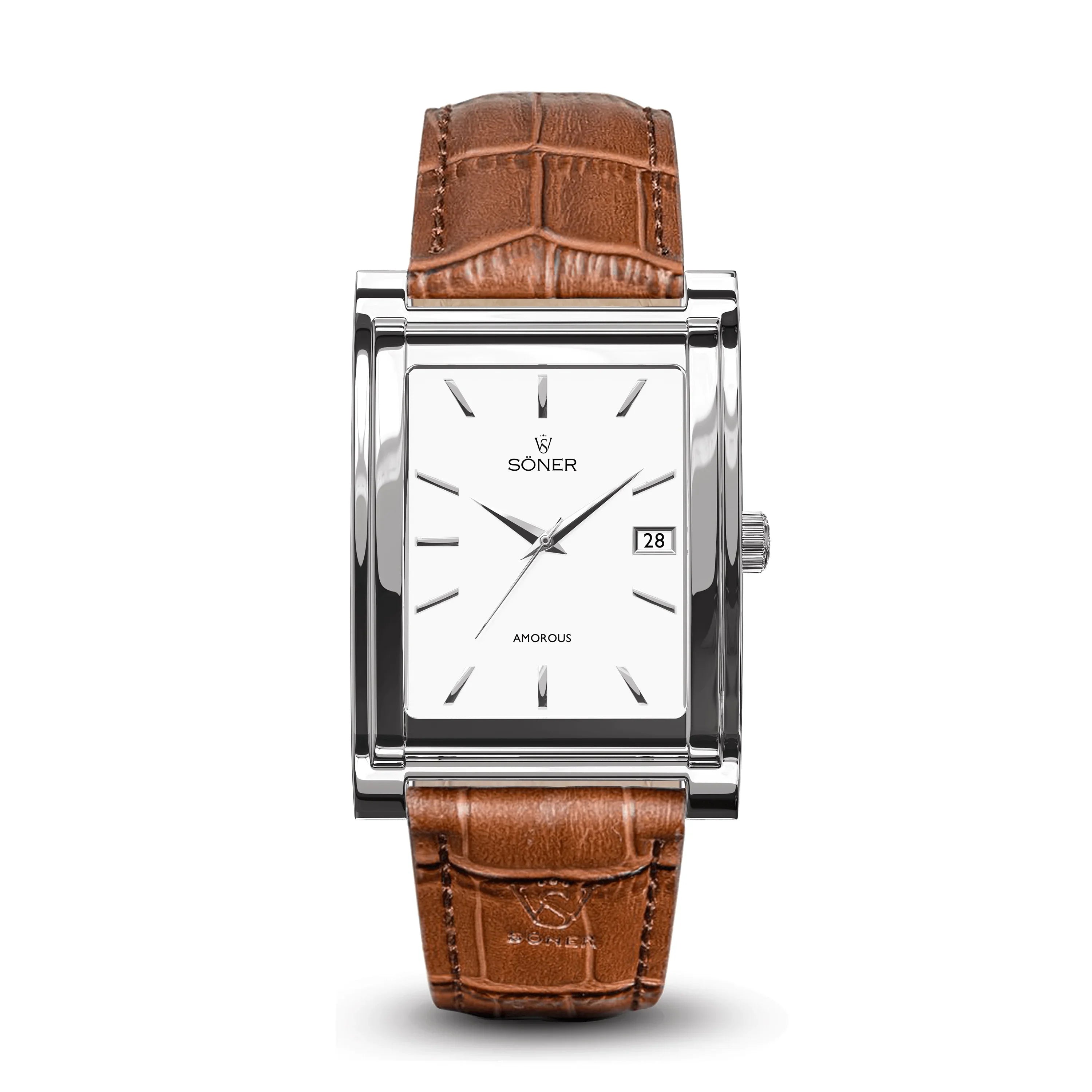 The Amorous Vienna (self-winding) is a rectangular wristwatch with a simple white face, silver hour markers, small date display, and the Soner brand name. It features a silver metal case and a textured brown leather strap.