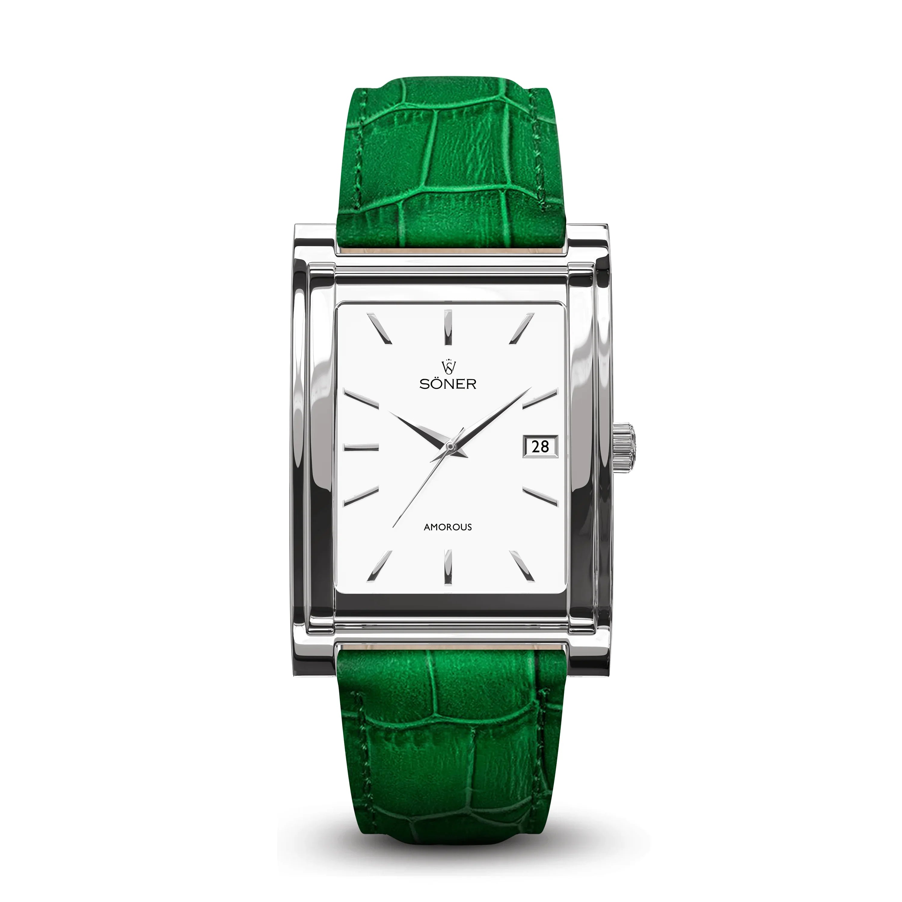 Introducing the Amorous Vienna, a self-winding watch featuring a rectangular design. It showcases a white face with minimalist black hour markers and elegantly displays the date. This classic timepiece is enhanced by a green crocodile-patterned leather strap, epitomizing style and sophistication.