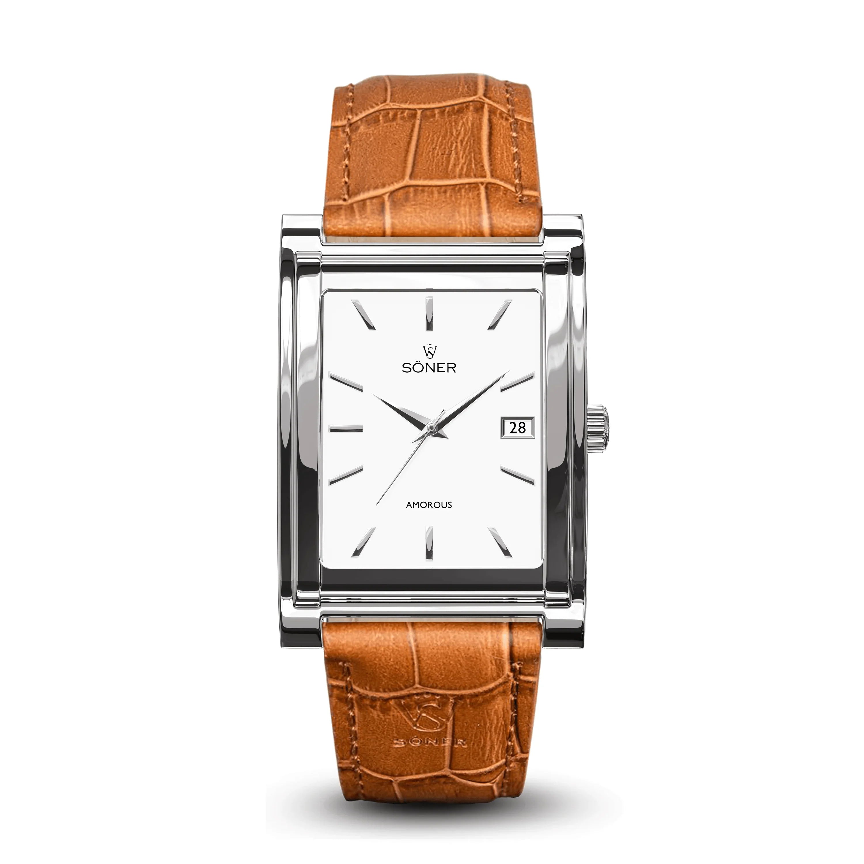 The Amorous Vienna by Söner is a square watch featuring a white face, minimalist hour markers, and a date display. It is elegantly complemented by a brown leather strap with a textured, crocodile-like pattern. The brand name "Soner" is prominently displayed on the watch face.
