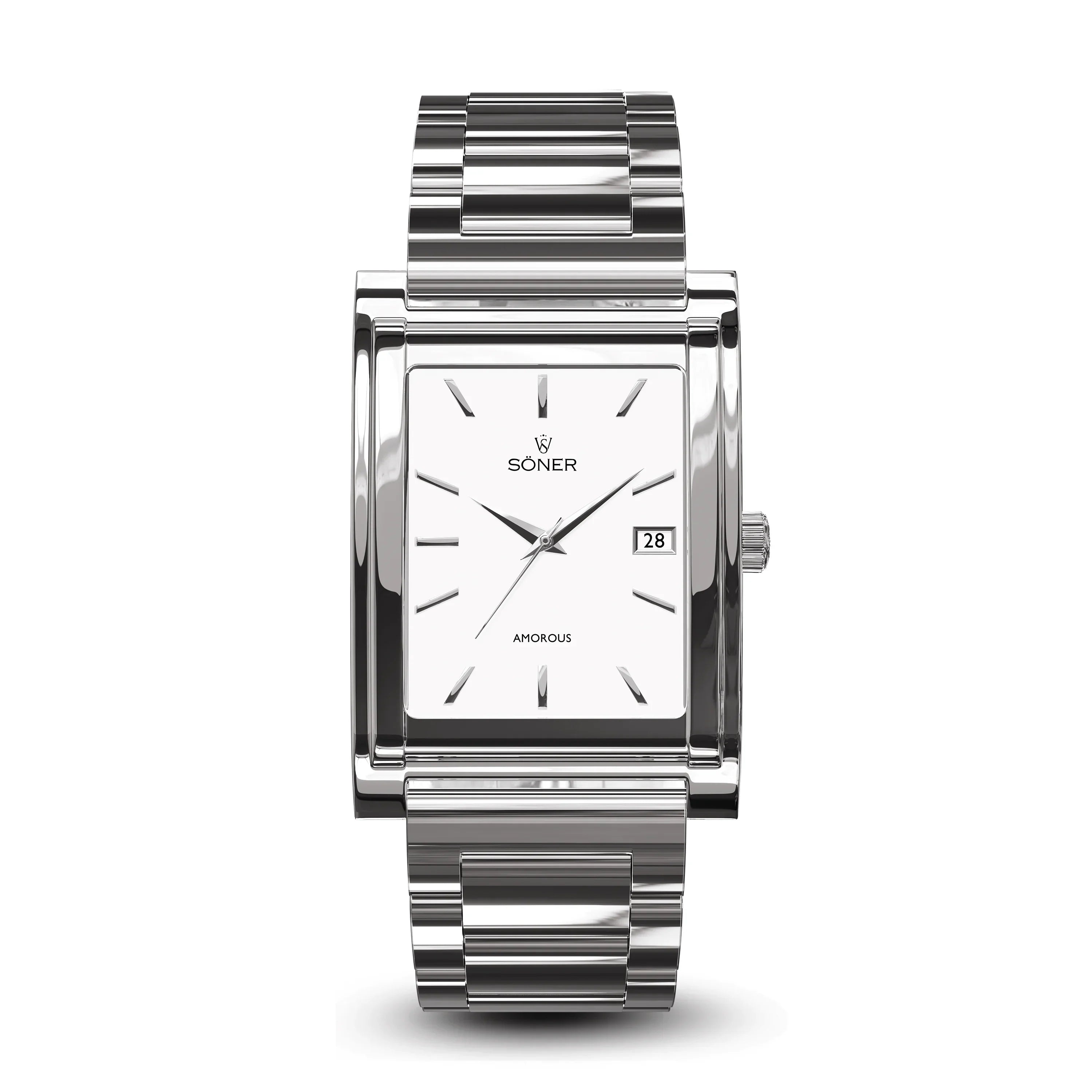 The Amorous Vienna wristwatch has a silver rectangular case with a polished metal link bracelet. Its white dial features thin hour markers, two hands, a date window at 3 oclock, and the Soner branding on the face. It is self-winding.