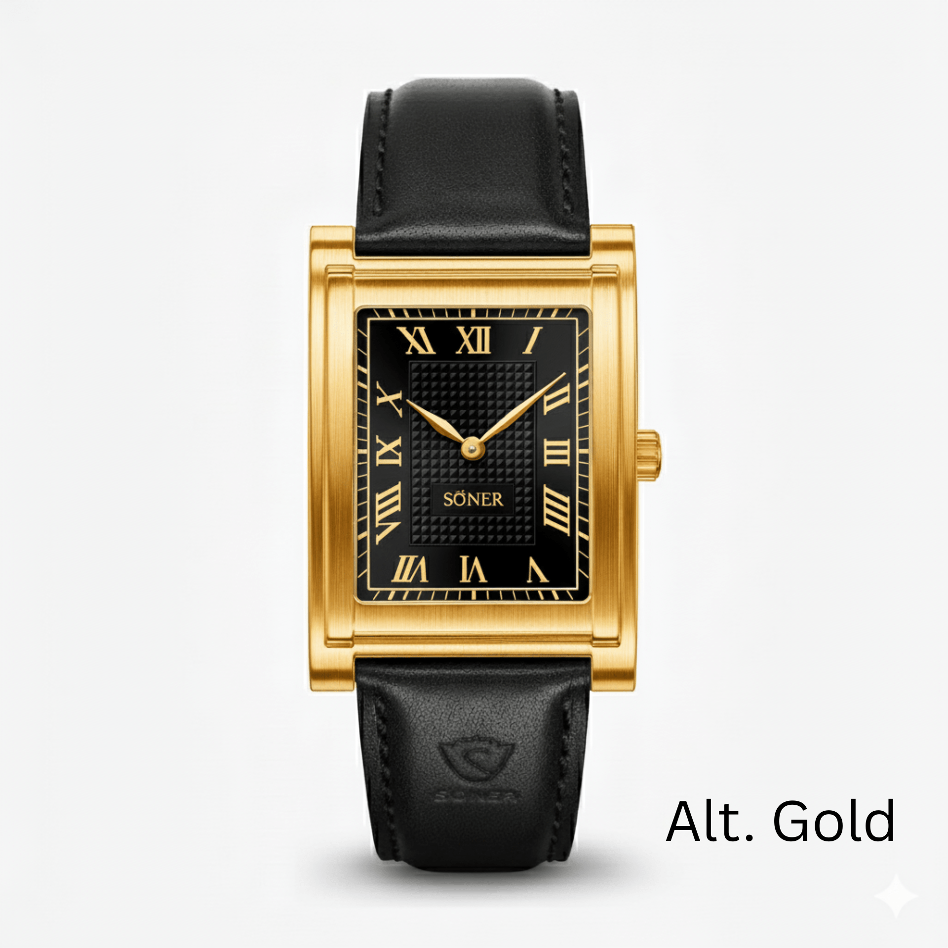 The Söner Tank Watch - Pre-launch features a rectangular gold case, black dial with gold Roman numerals, black leather strap, and SÖNER branding, with "Alt. Gold" in the bottom right corner.