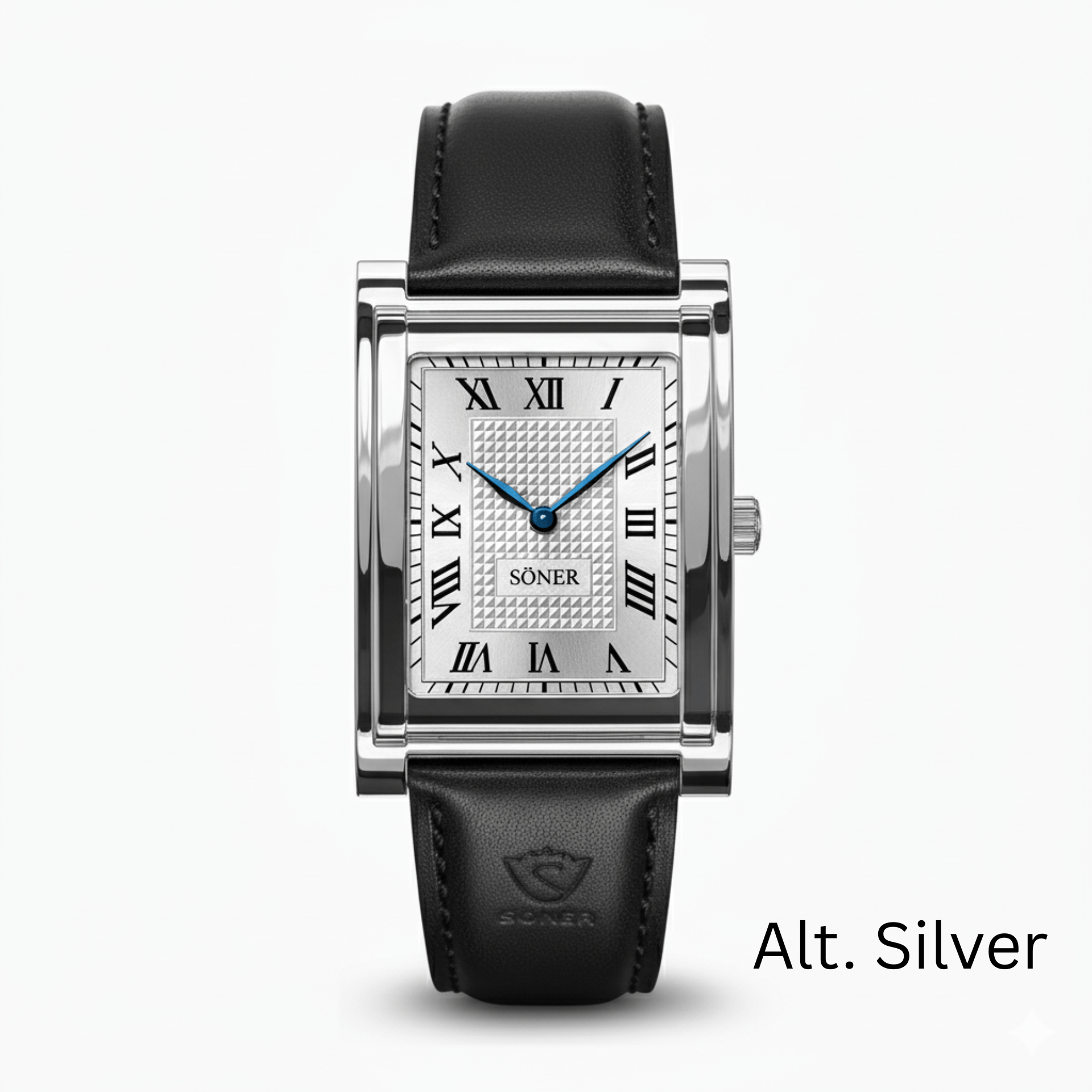 The Söner Tank Watch - Pre-launch is a rectangular silver wristwatch featuring a textured dial, black Roman numerals, black leather strap, and the SONER brand name on the face with "Alt. Silver" in the bottom right corner.