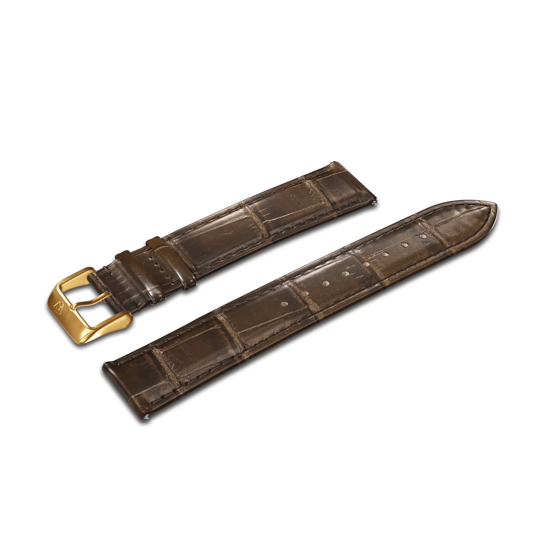 A GATSBY Mocha Croc (20mm) watch strap, designed with a rich brown alligator texture, rests on a white background. It includes a gold buckle and several adjustment holes for versatility.