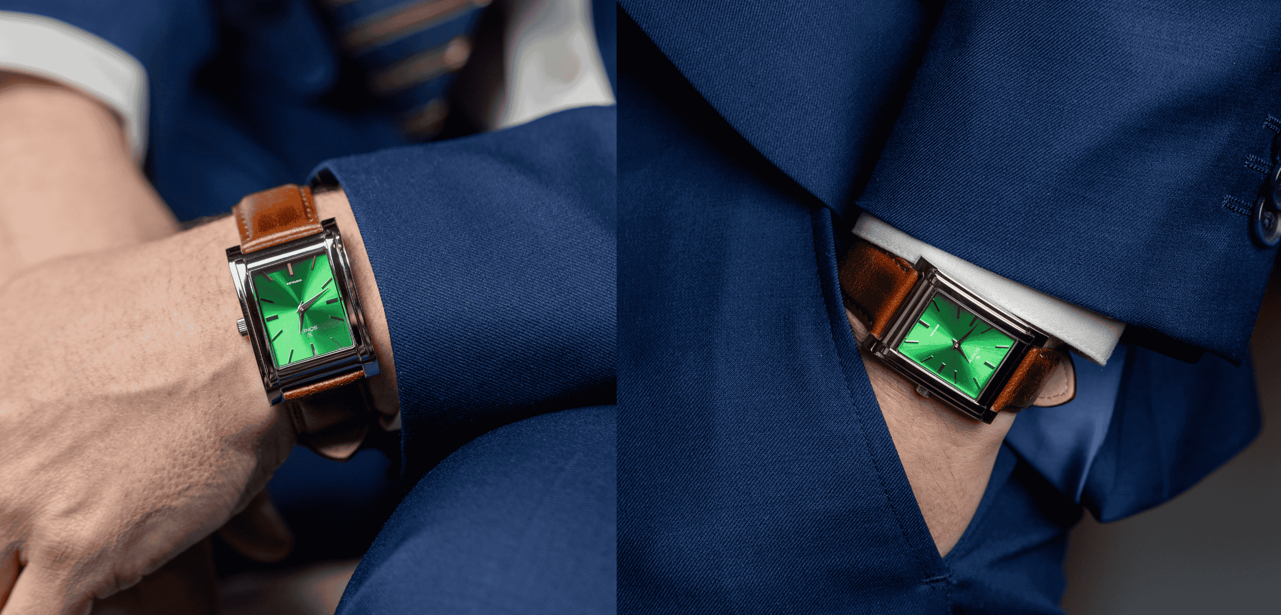 A person in a blue suit is wearing a striking rectangular watch with a green face and a brown leather strap. The first image highlights the watch resting on the wrist against a knee, while the second image shows it partially tucked under a sleeve.