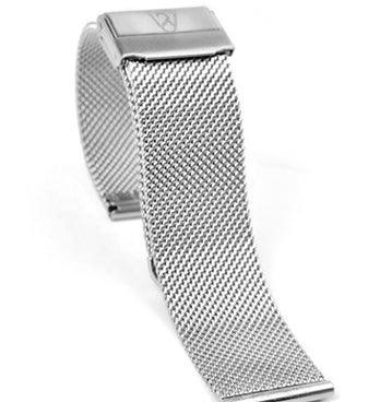The HERITAGE Fe 22mm features a silver mesh watch band with a rectangular clasp. The band's textured, woven design is presented in a curved position, highlighting its flexibility.