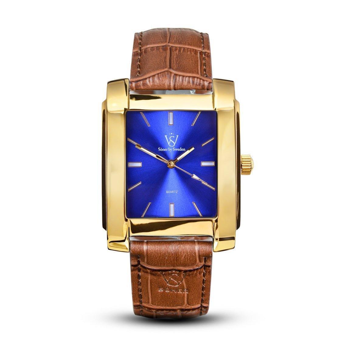 Rectangular gold Legacy Afable watch with a polished case, vivid blue sunburst dial, minimalist indices, and a brown leather strap embossed with the Söner logo.