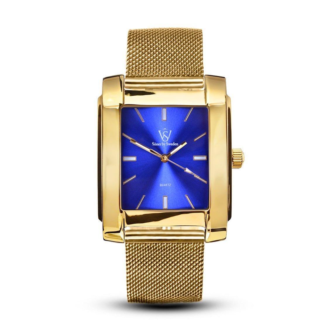 Rectangular gold Legacy Afable watch with a polished case, vivid blue sunburst dial, minimalist hour markers, and a gold-tone stainless steel mesh bracelet.