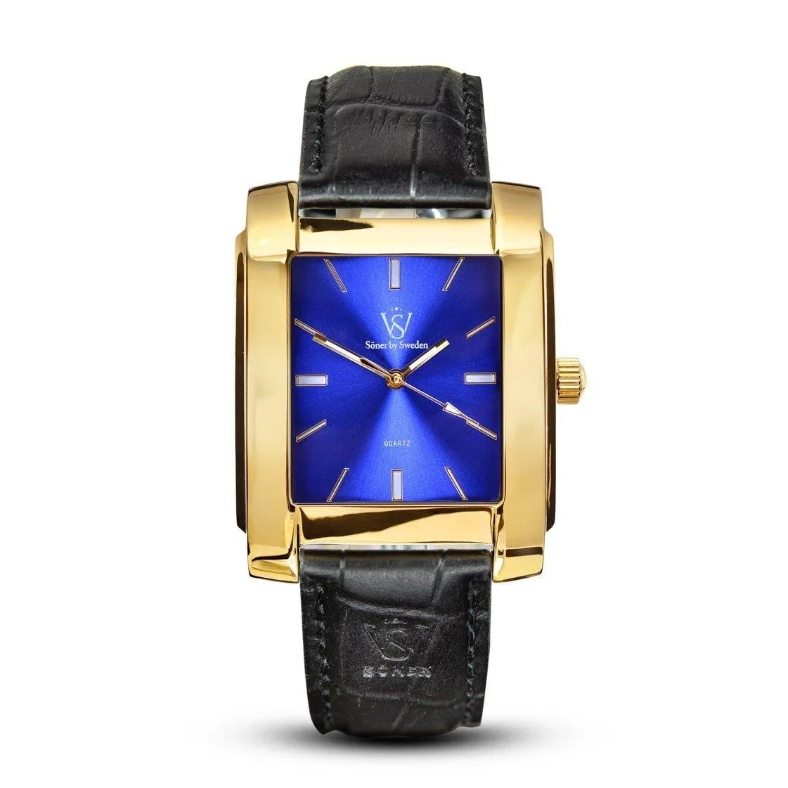 Rectangular gold watch with a polished case, striking blue sunburst dial, and black leather strap, featuring minimalist indices and Söner by Sweden branding.