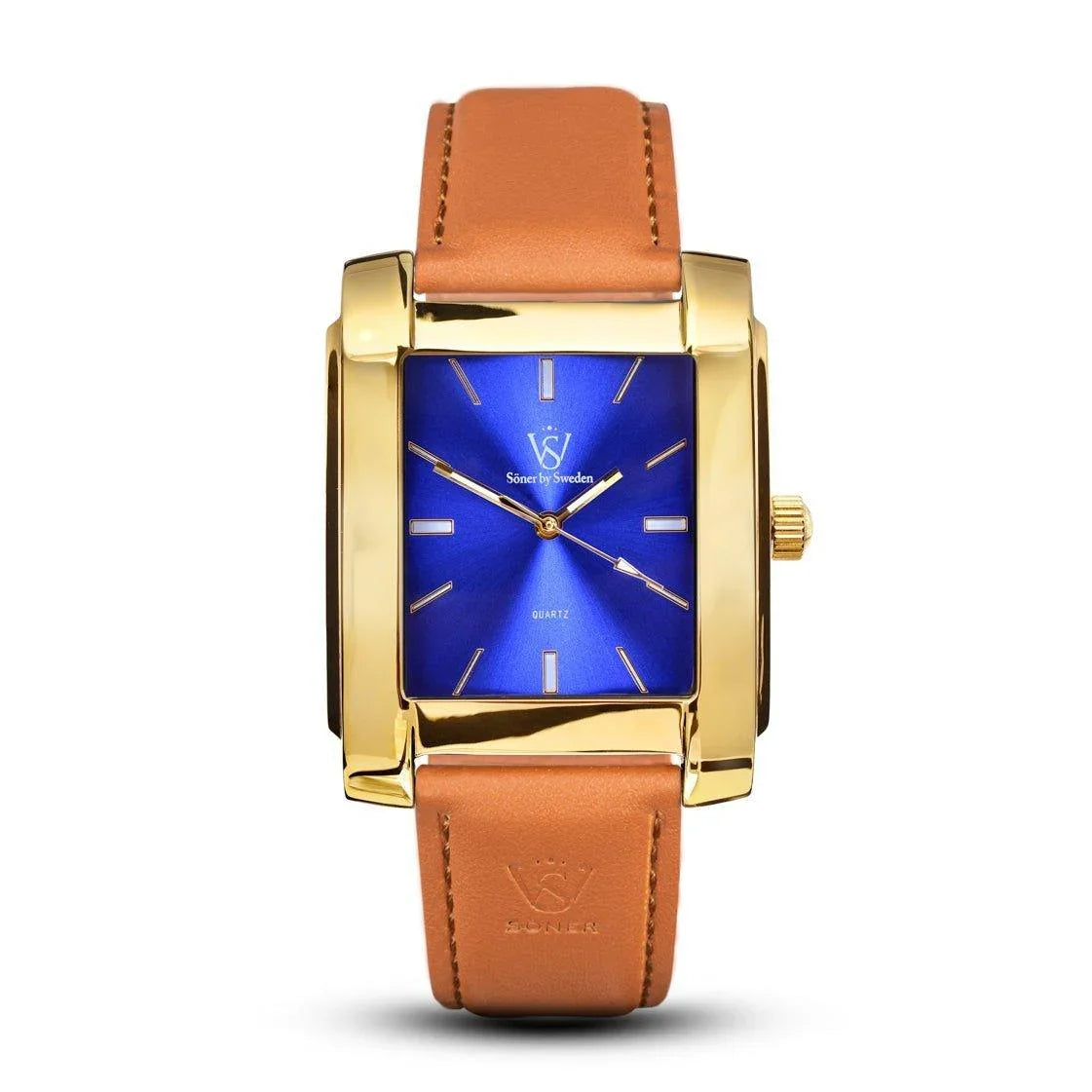 The Legacy Afable wristwatch, featuring a gold rectangular case, showcases a blue face and is complemented by a brown leather strap. Adorned with elegant gold hour markers and hands, along with SV and Quartz detailing, this exquisite timepiece from Söner seamlessly combines classic charm with modern sophistication. Plus, it comes with the assurance of a 3-year battery life.