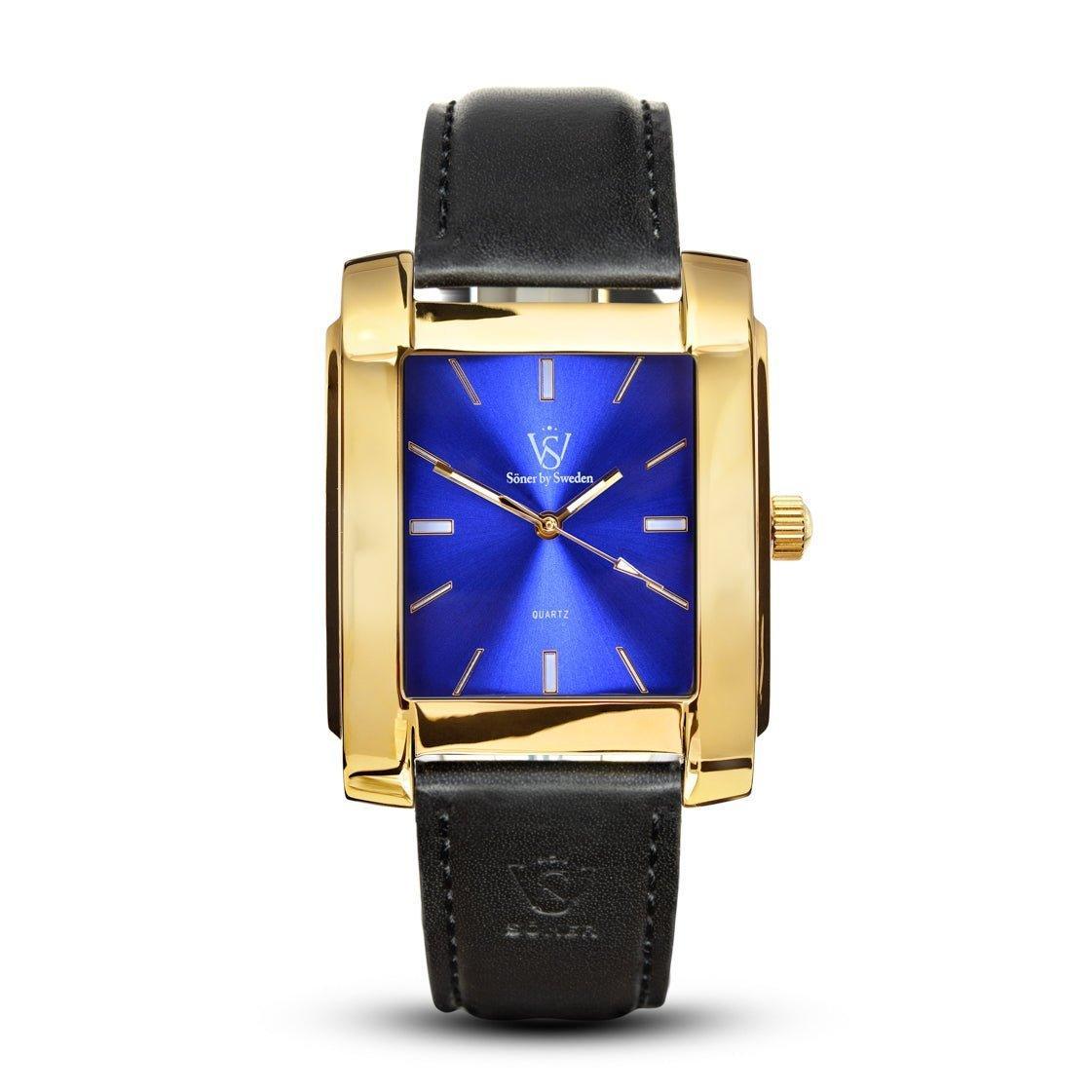 The Legacy Afable wristwatch from Söner is a stunning rectangular piece featuring a gold frame and black leather strap. It showcases a blue dial with elegantly gold hour markers, hands, and crown. The branded logo is prominently displayed on the dial, and the strap features textured detailing near the buckle for added sophistication. Plus, it offers the benefits of a 3-year battery life.