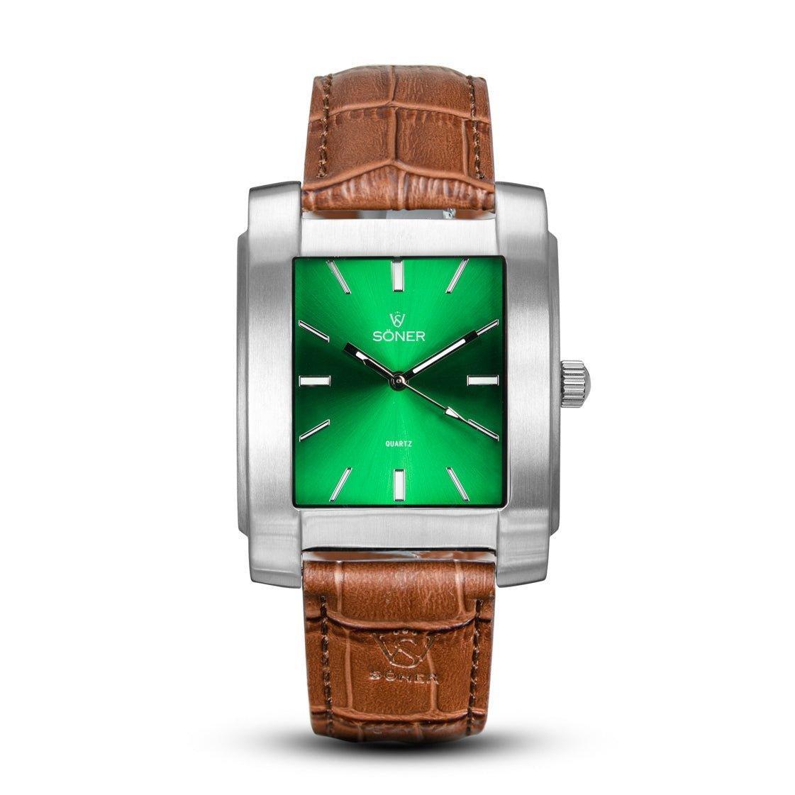 The Legacy Anstey by Söner is a square watch with a stainless steel case, vibrant green dial, silver hour markers, and a brown leather strap. The word "Soner" and a small crown logo beautifully embellish the dial.