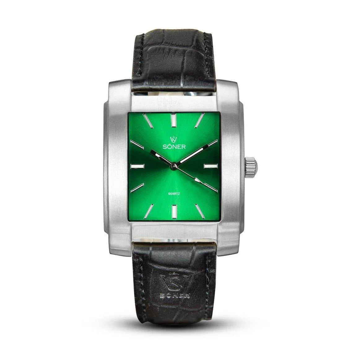 Rectangular brushed stainless steel watch with a vivid green dial, polished indices and hands, and a black leather strap embossed with the Söner logo.