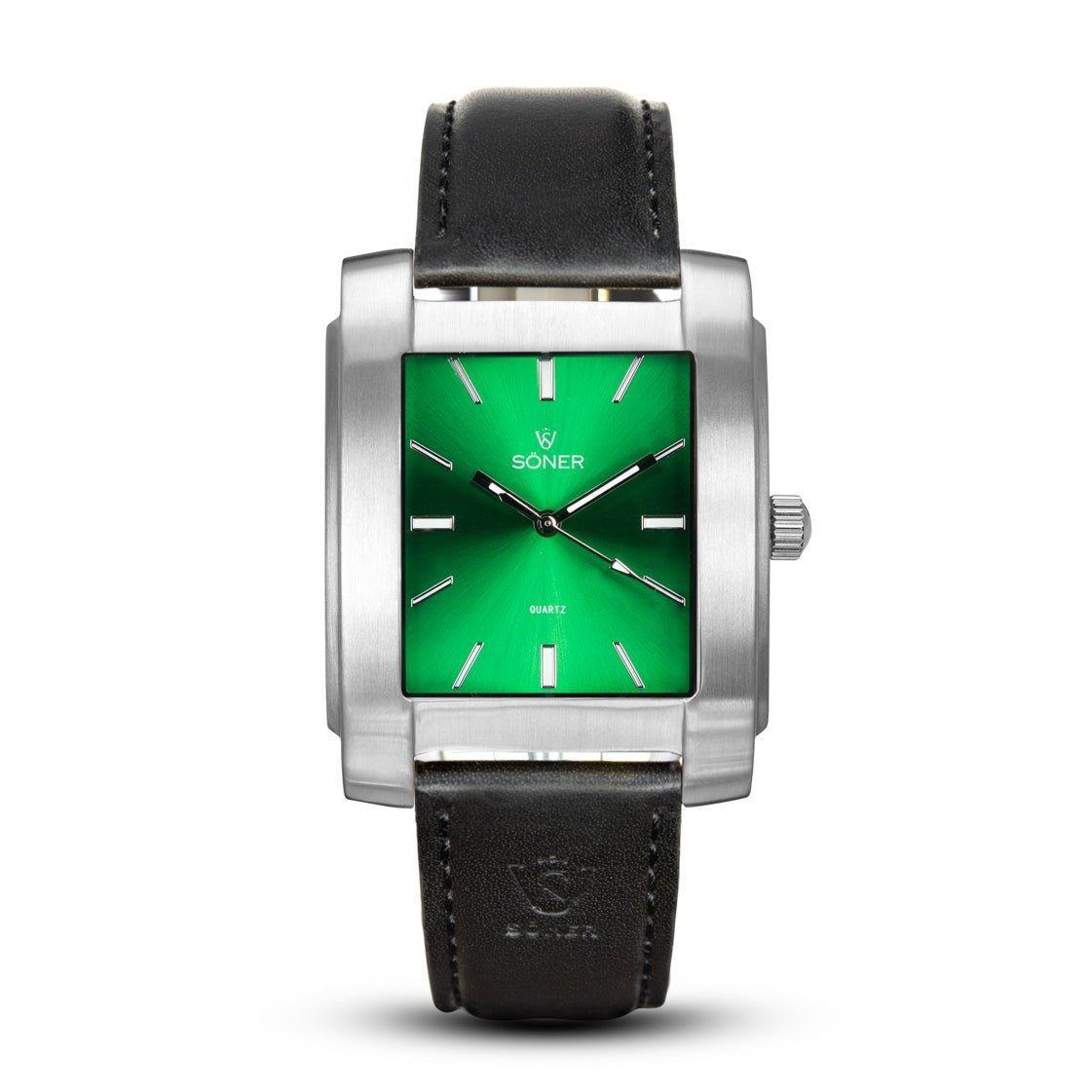Legacy Anstey rectangular watch with a brushed stainless steel case, vibrant green dial, silver-tone indices and hands, and a black leather strap.