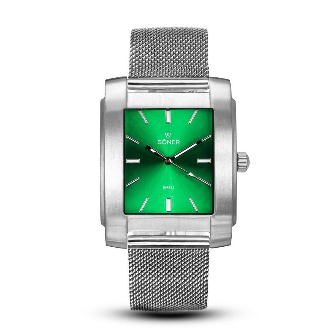 Legacy Anstey rectangular watch with a brushed stainless steel case, green sunburst dial, silver indices and hands, and a stainless steel mesh bracelet.