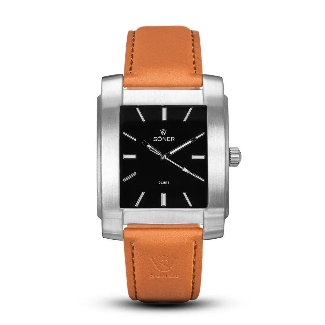Legacy Basilica rectangular watch with a brushed stainless steel case, black dial, silver markers, and a smooth light tan leather strap.