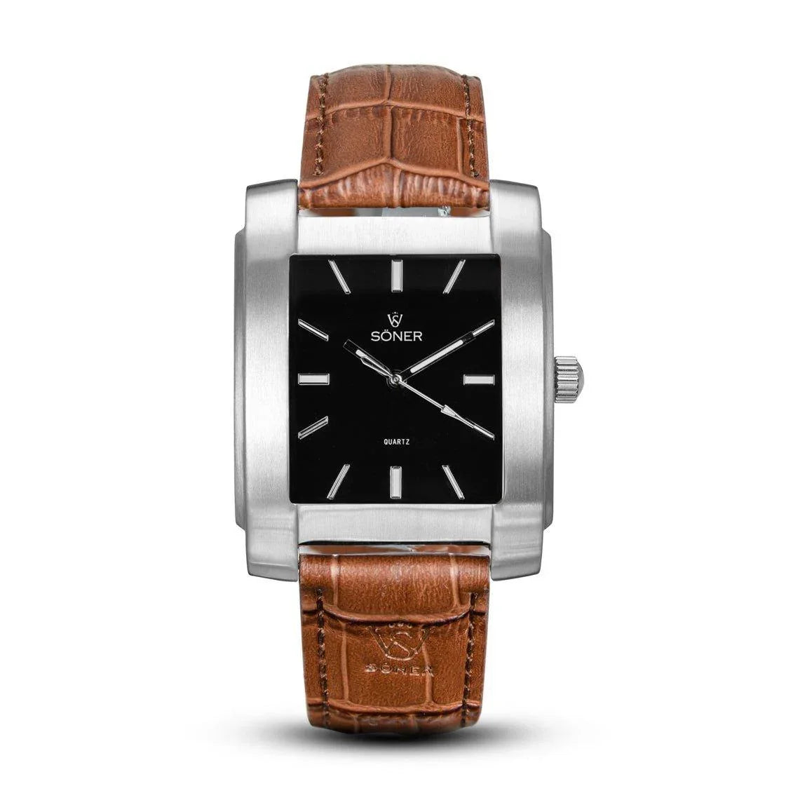 Legacy Basilica rectangular watch featuring a brushed stainless steel case, black dial with silver-tone indices, and a brown embossed leather strap.