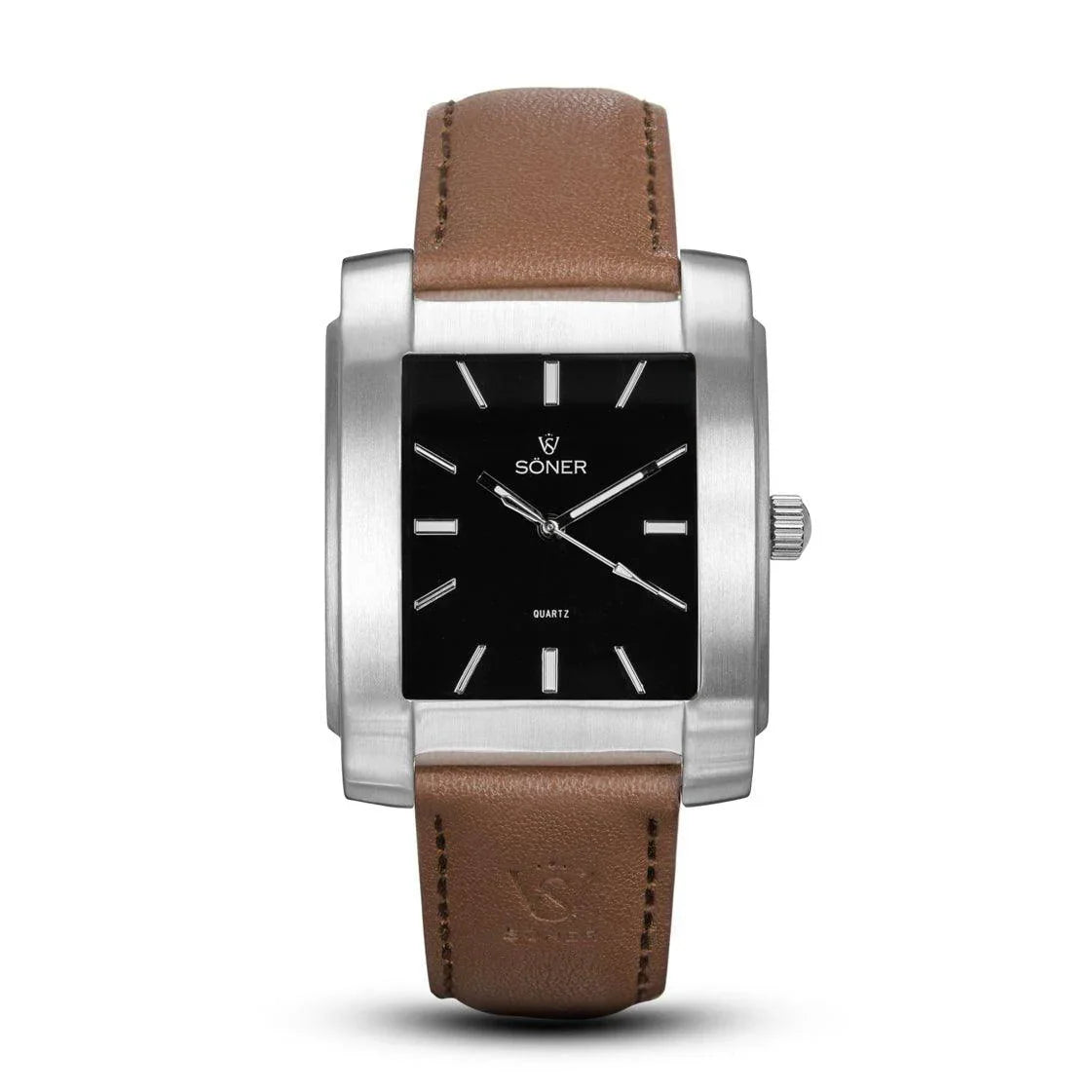 Legacy Basilica rectangular watch with a brushed stainless steel case, black dial, silver-tone hands and indices, and a smooth tan leather strap.