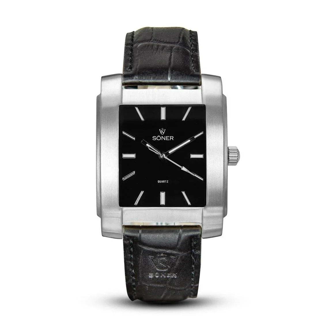 Rectangular Söner Legacy Basilica watch with a brushed stainless steel case, black dial, silver-tone indices and hands, and a black leather strap embossed with the brand logo.
