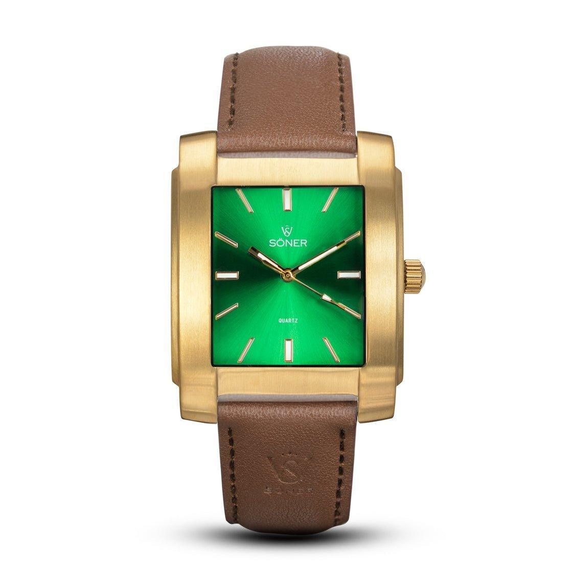 Legacy Bella rectangular gold watch with a brushed finish, vivid green sunburst dial, gold indices, and a smooth brown leather strap embossed with the Söner logo.