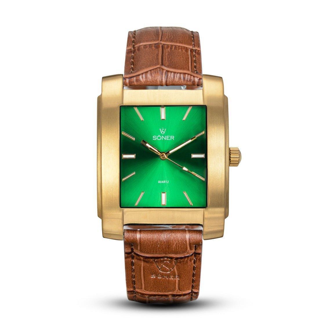 Gold rectangular Legacy Bella watch with a brushed finish, vibrant green sunburst dial, gold indices, and a brown leather strap embossed with the Söner logo.