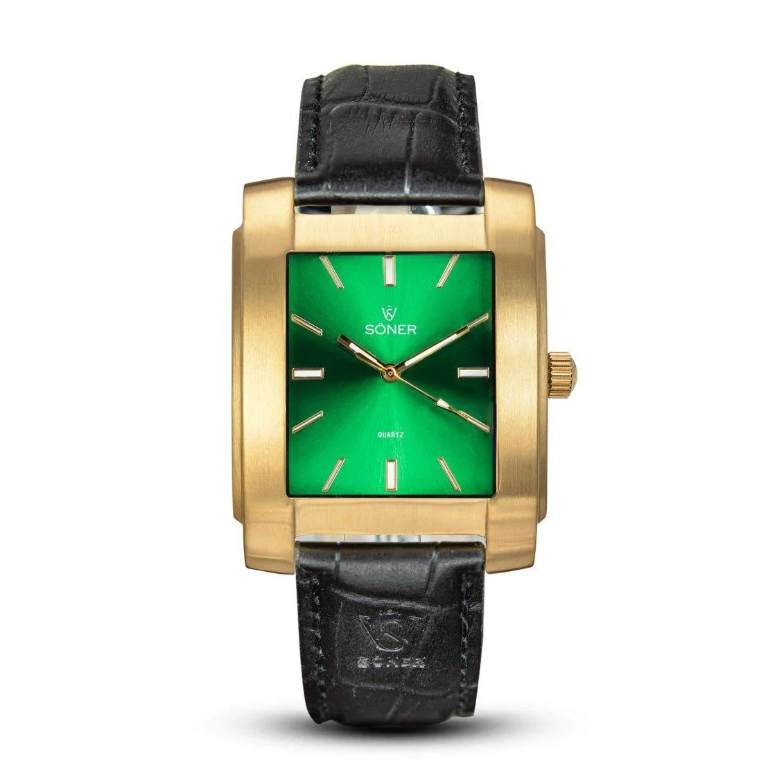 Rectangular gold watch with a brushed finish, striking sunburst green dial, gold indices and hands, and a black leather strap embossed with the Söner logo.