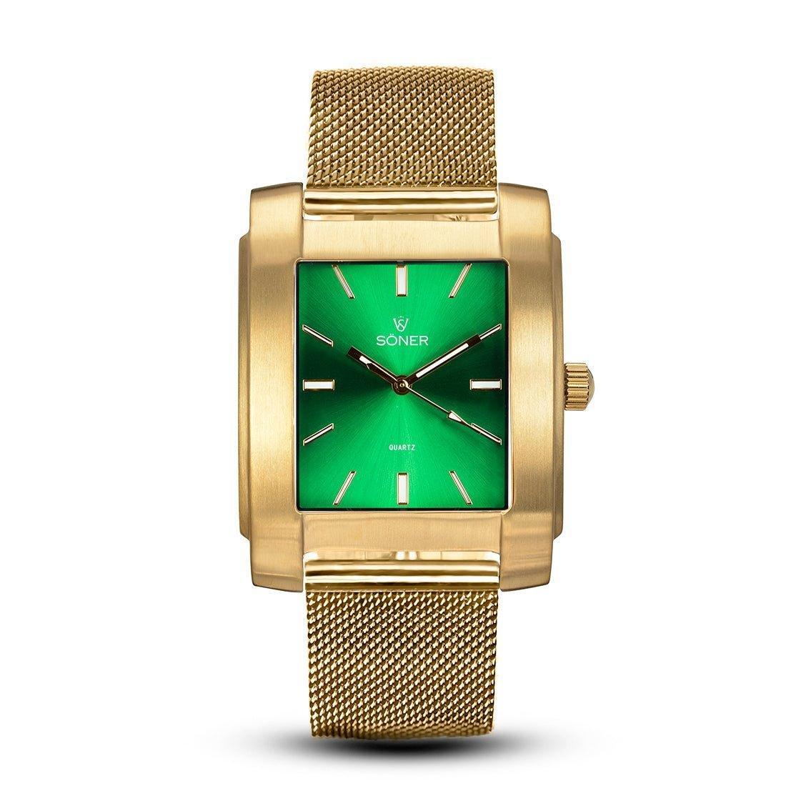 Introducing the Legacy Bella, a rectangular gold wristwatch with a striking green dial, adorned with silver hour markers and hands. It features a textured gold mesh band and a crown on the right side for easy time setting. This exquisite piece embodies the signature elegance reminiscent of Söner's square watches.