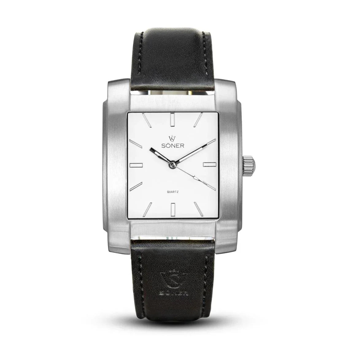 Legacy Chaillot rectangular watch featuring a brushed steel case, minimalist white dial, and a smooth black leather strap.