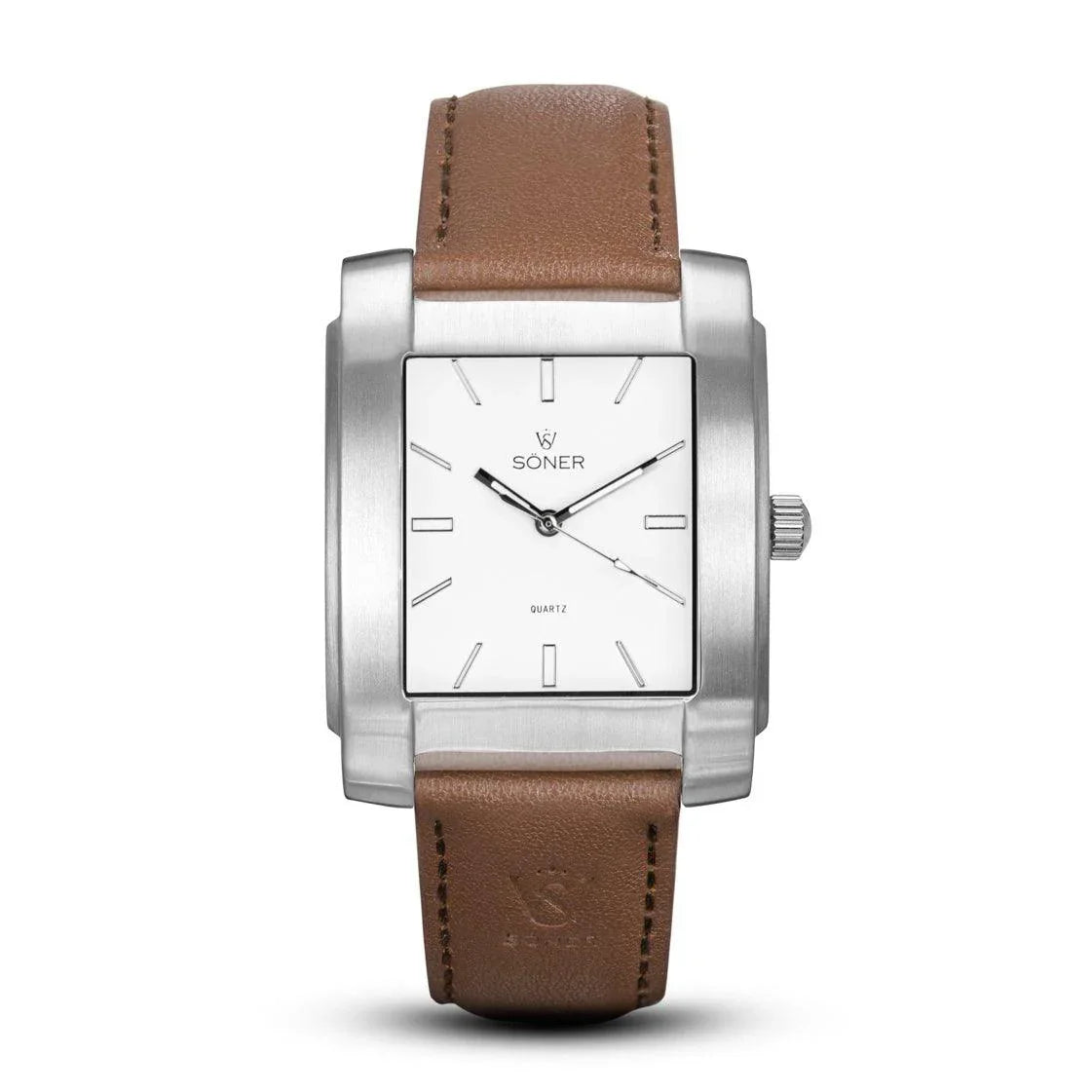 Legacy Chaillot rectangular watch with a brushed steel case, minimalist white dial, and a smooth light brown leather strap.