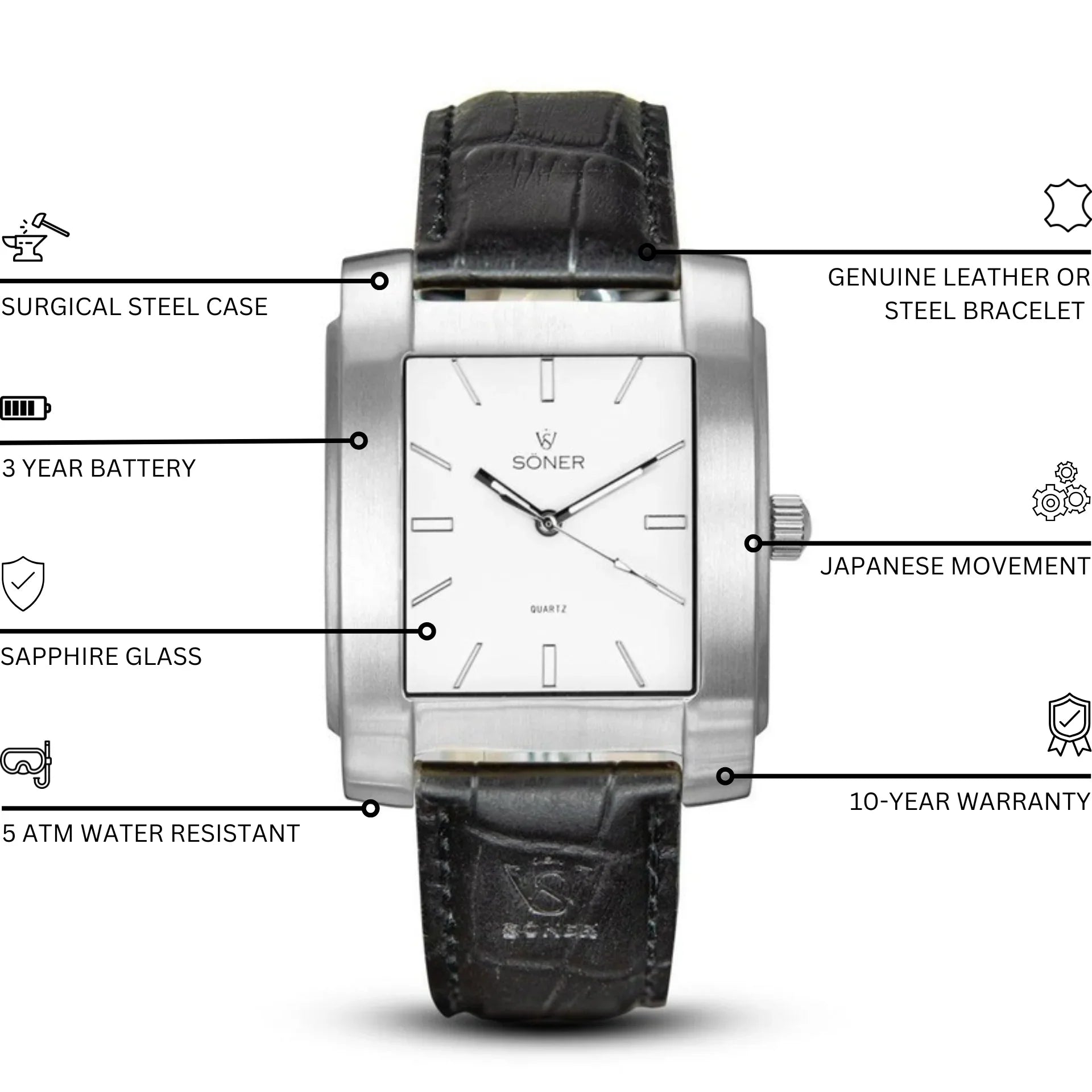 The Legacy Chaillot watches is a rectangular watch that features a silver case and a white face adorned with hour markers and two hands. It includes a sophisticated black leather strap with a textured pattern. The elegant design prominently displays the Söner brand and Quartz on its face.