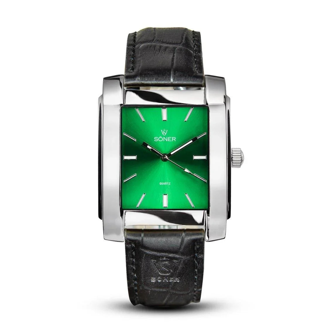Rectangular men's watch with a polished steel case, sunburst green dial, silver indices and hands, and a black alligator-pattern leather strap.