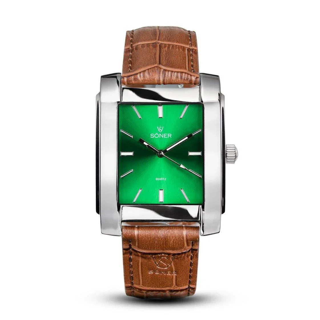 The Legacy Empire by Söner features a square design with a shiny silver case and an eye-catching green face, highlighted by minimalist hour markers and hands. Its textured brown leather strap, accented with stitching and a silver buckle, perfectly complements its elegant design.