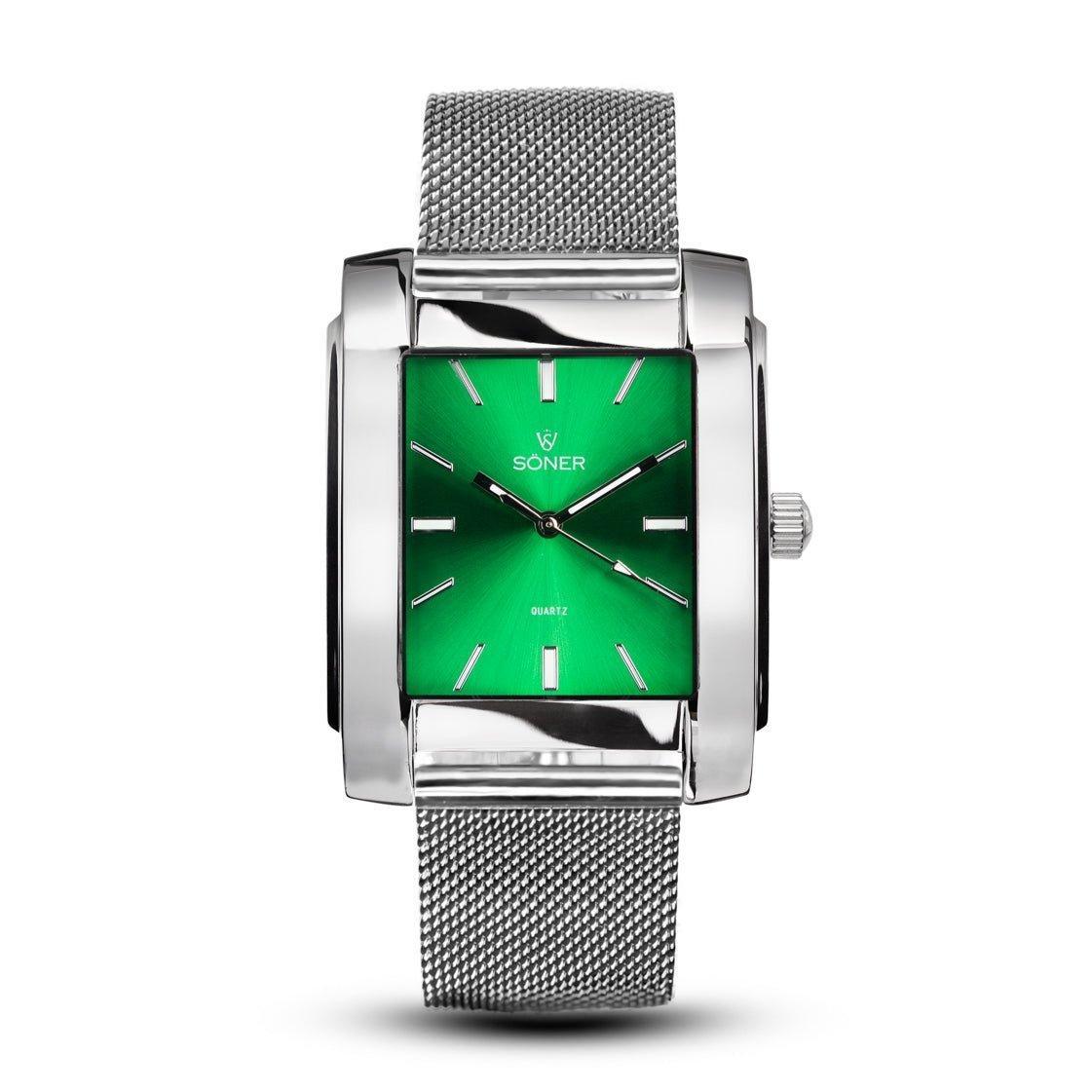 Rectangular Legacy Empire watch with a polished steel case, emerald green sunburst dial, silver indices, and a stainless steel mesh bracelet.