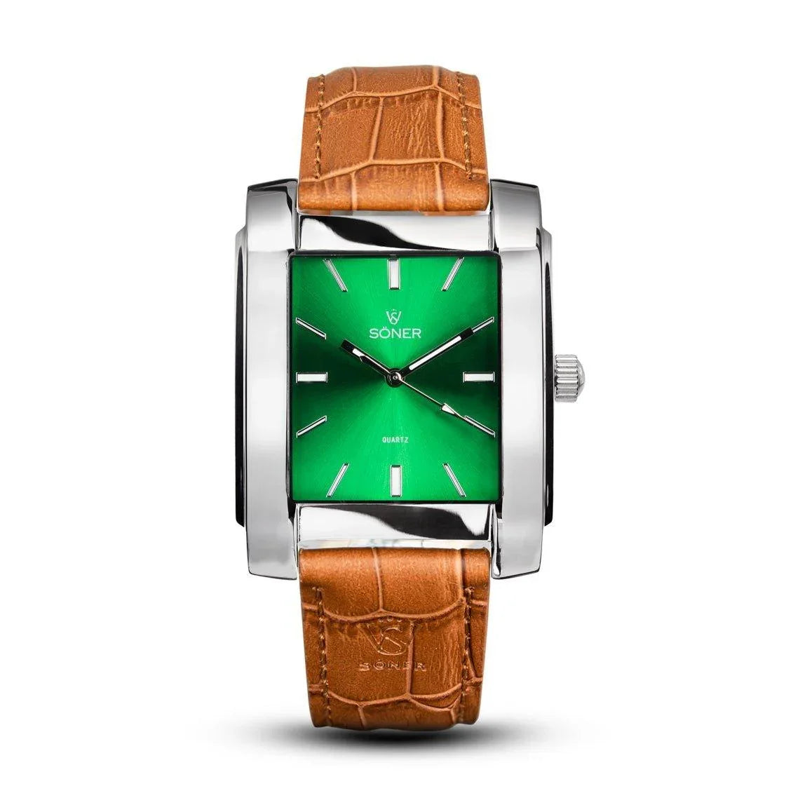 Rectangular Legacy Empire watch with a polished steel case, emerald green sunburst dial, silver indices, and a light brown alligator-style leather strap.