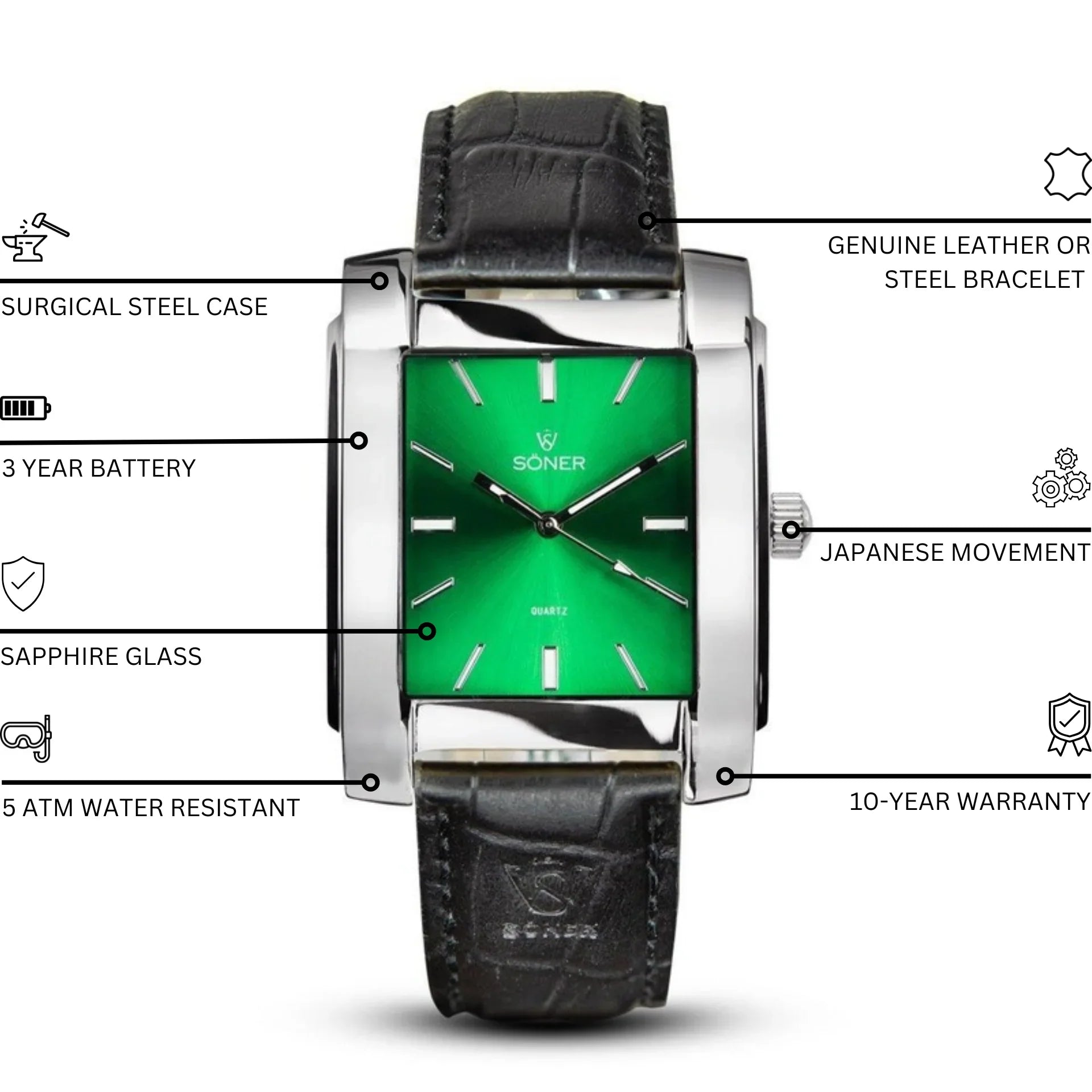 Rectangular Legacy Empire watch with a polished steel case, sunburst green dial, silver indices, black leather strap, and highlighted features including sapphire glass, Japanese quartz movement, 3-year battery, 5 ATM water resistance, and a 10-year warranty.