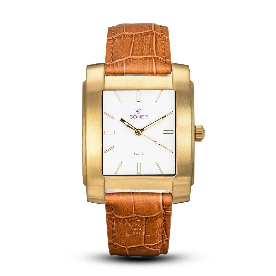 Legacy Express rectangular gold watch with a brushed finish, white dial, gold-tone hands and markers, and a light tan leather strap embossed with the Söner logo.
