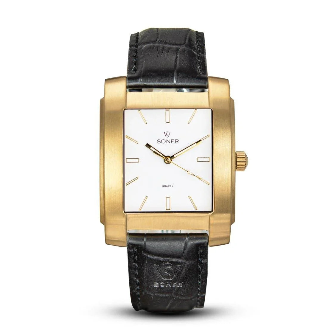 Rectangular gold-tone Söner Legacy Express watch with a brushed finish, white dial, gold indices, and a black leather strap embossed with the brand logo.