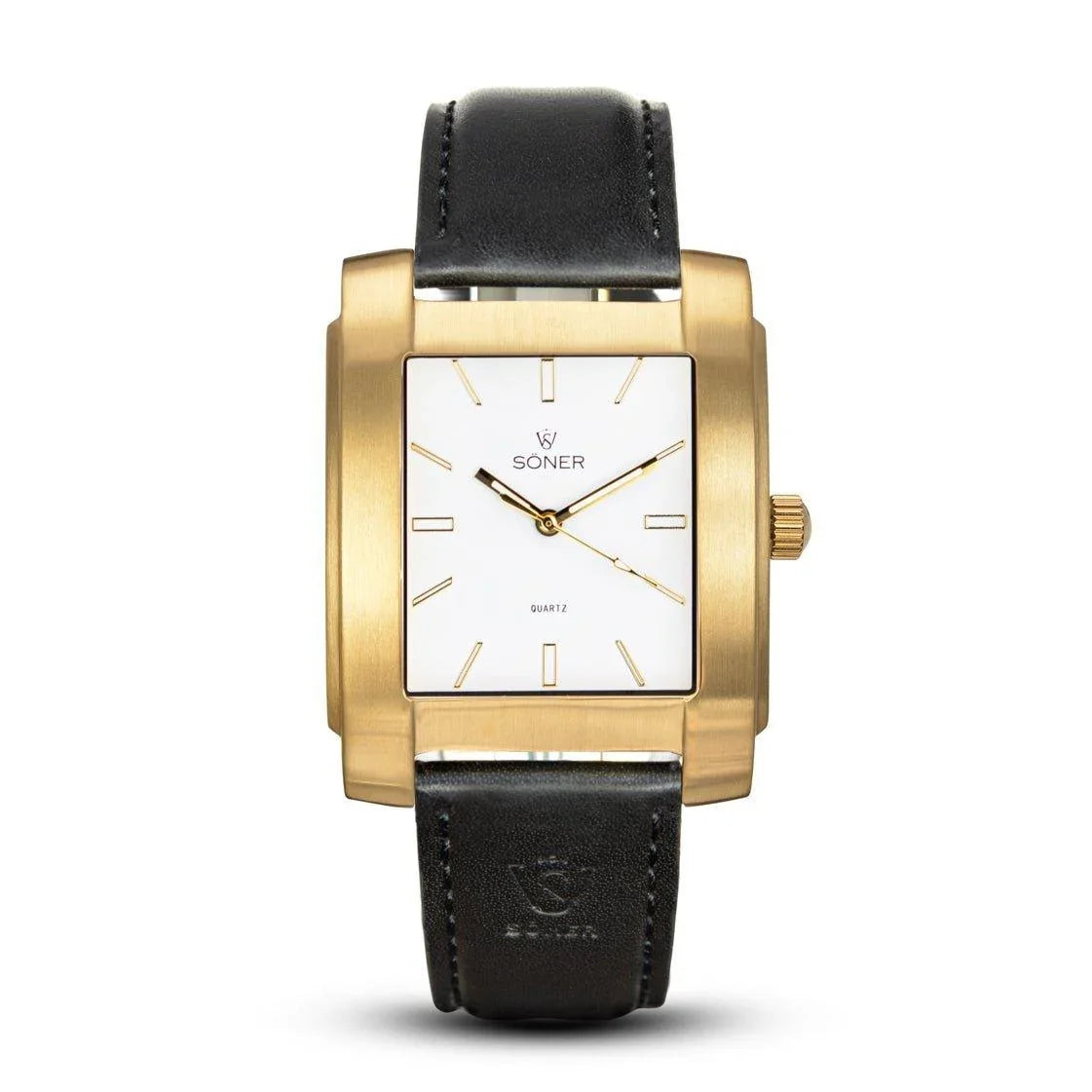 Söner Legacy Express rectangular gold watch with a brushed finish, minimalist white dial, gold markers, and a smooth black leather strap embossed with the brand logo.