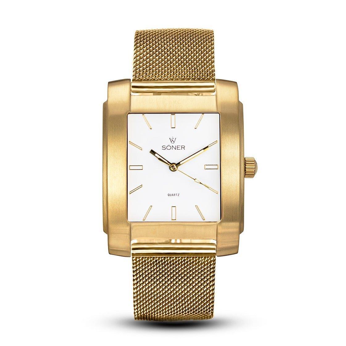 Legacy Express rectangular gold watch with a brushed finish, minimalist white dial, gold-tone hands and indices, and an elegant gold mesh bracelet.