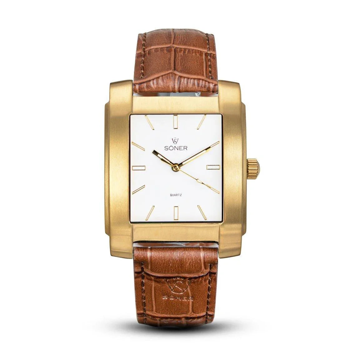 Rectangular brushed gold Söner Legacy Express watch with a white dial, gold-tone hands and indices, and a brown leather strap embossed with the brand logo.