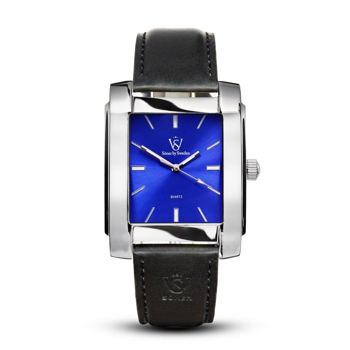 Legacy Glocke rectangular men's watch with a polished stainless steel case, vivid blue dial, minimalist silver markers, and a black leather strap embossed with the Söner by Sweden logo.