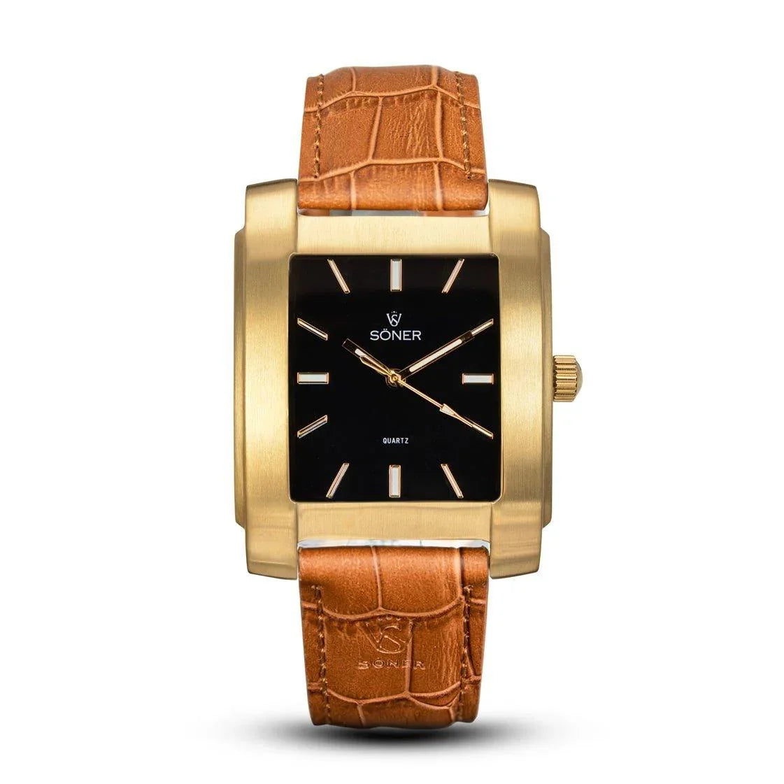 Gold rectangular Legacy Lacerda watch with a brushed stainless steel case, black dial, gold-tone markers and hands, and a tan crocodile-embossed leather strap featuring the Söner logo.
