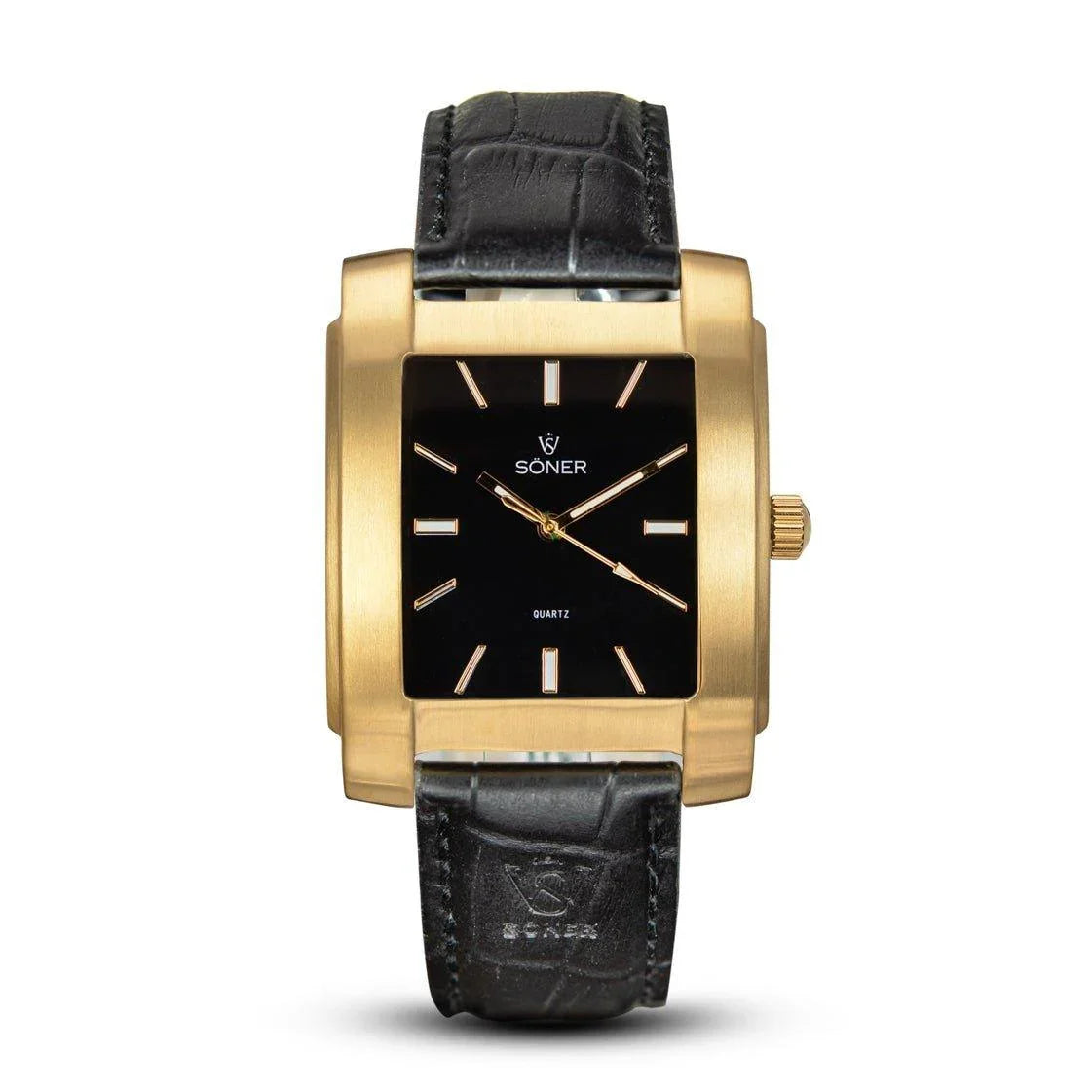 The Legacy Lacerda by Söner is an elegant square watch featuring a gold case, black dial, and minimalist gold hour markers and hands. It comes with a sophisticated black leather strap adorned with a textured pattern. The brand is prominently displayed on the dial, and it offers the convenience of a 3-year battery life.