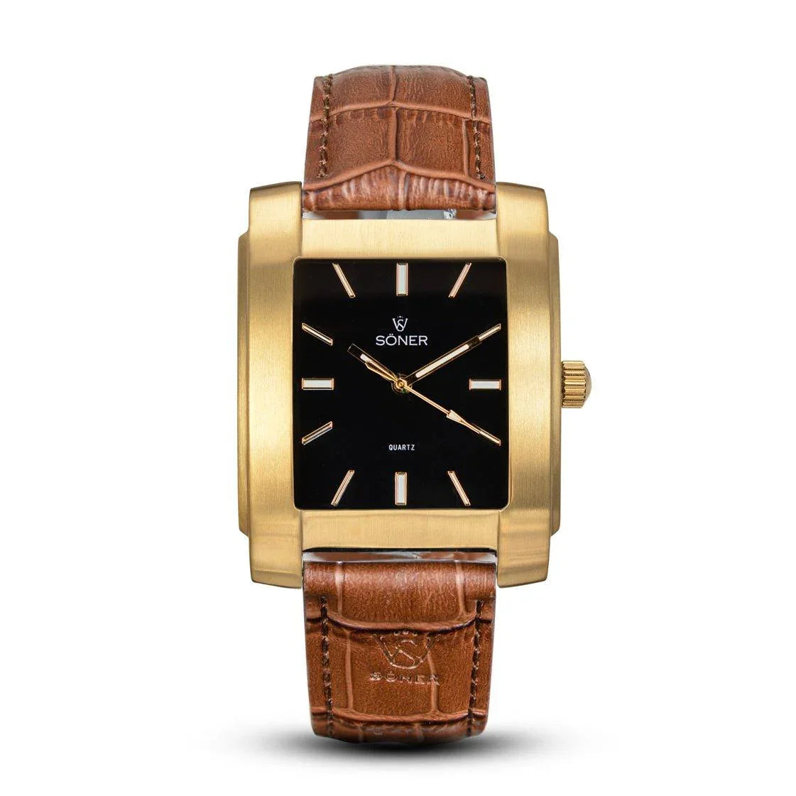 Presenting the Legacy Lacerda, a stylish rectangular watch from Söner. It features a gold case and a black dial adorned with minimalist hour markers and hands. The watch is complemented by a textured brown leather strap and includes a single crown on the right side. Additionally, the Söner brand name is elegantly displayed on the dial. This timepiece is powered by a reliable 3-year battery.