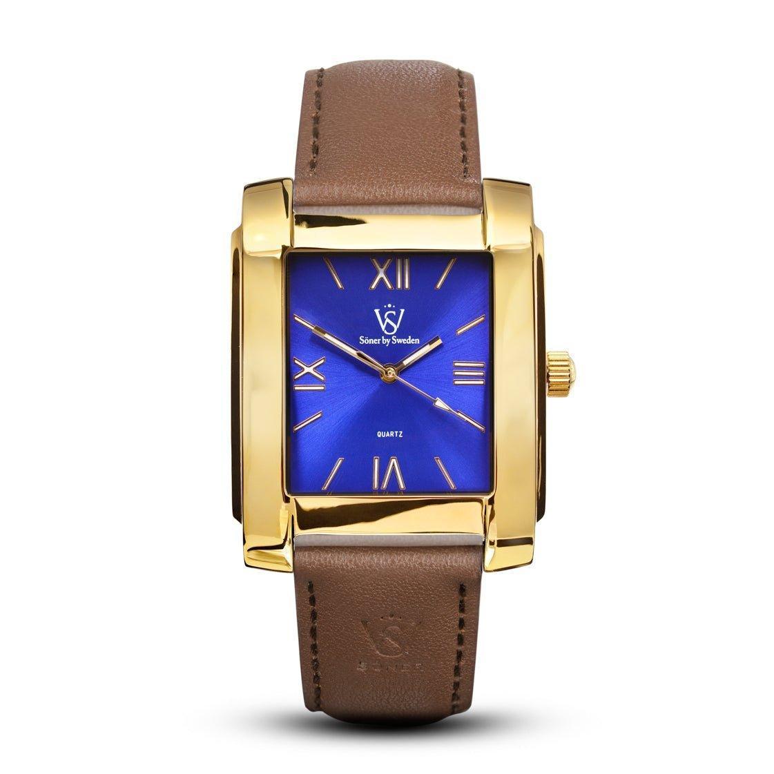 The Legacy Mercado by Stoner, featuring a blue face with Roman numeral markers, a gold rectangular case, and a brown leather strap, exemplifies the refined elegance of Stoner by Sweden.