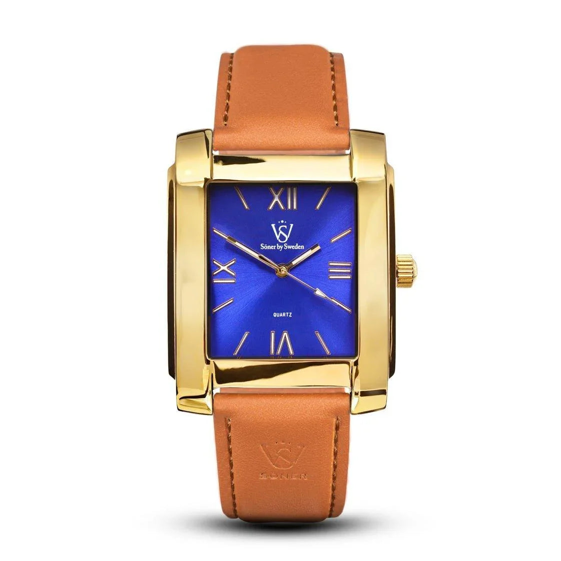 Introducing the Legacy Mercado, a stylish rectangular watch featuring a gold case and a blue dial adorned with Roman numerals. It comes with a brown leather strap, while the gold-toned hands and markers enhance its elegant design, making it a timeless piece from Söner. Plus, it boasts a 3-year battery life for added convenience.