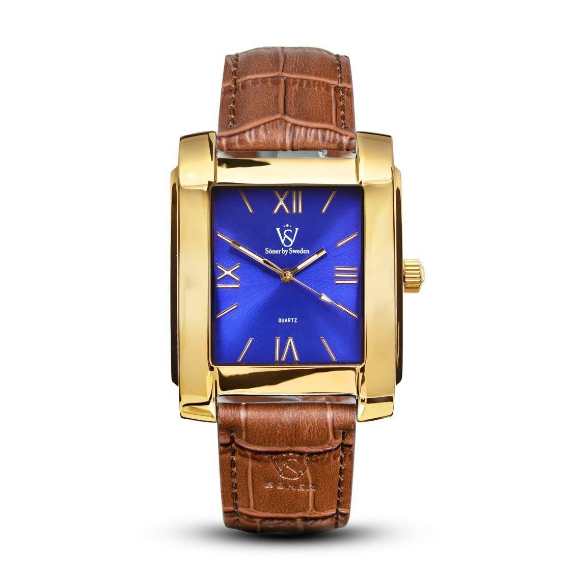 Polished gold rectangular watch with a blue sunburst dial, Roman numerals, and a brown leather strap.